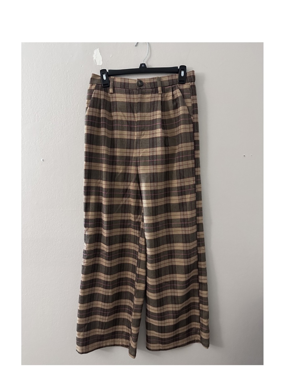 Versona Plaid Trousers Brown, Tan & Pink Accent wide leg with elastic waistband
